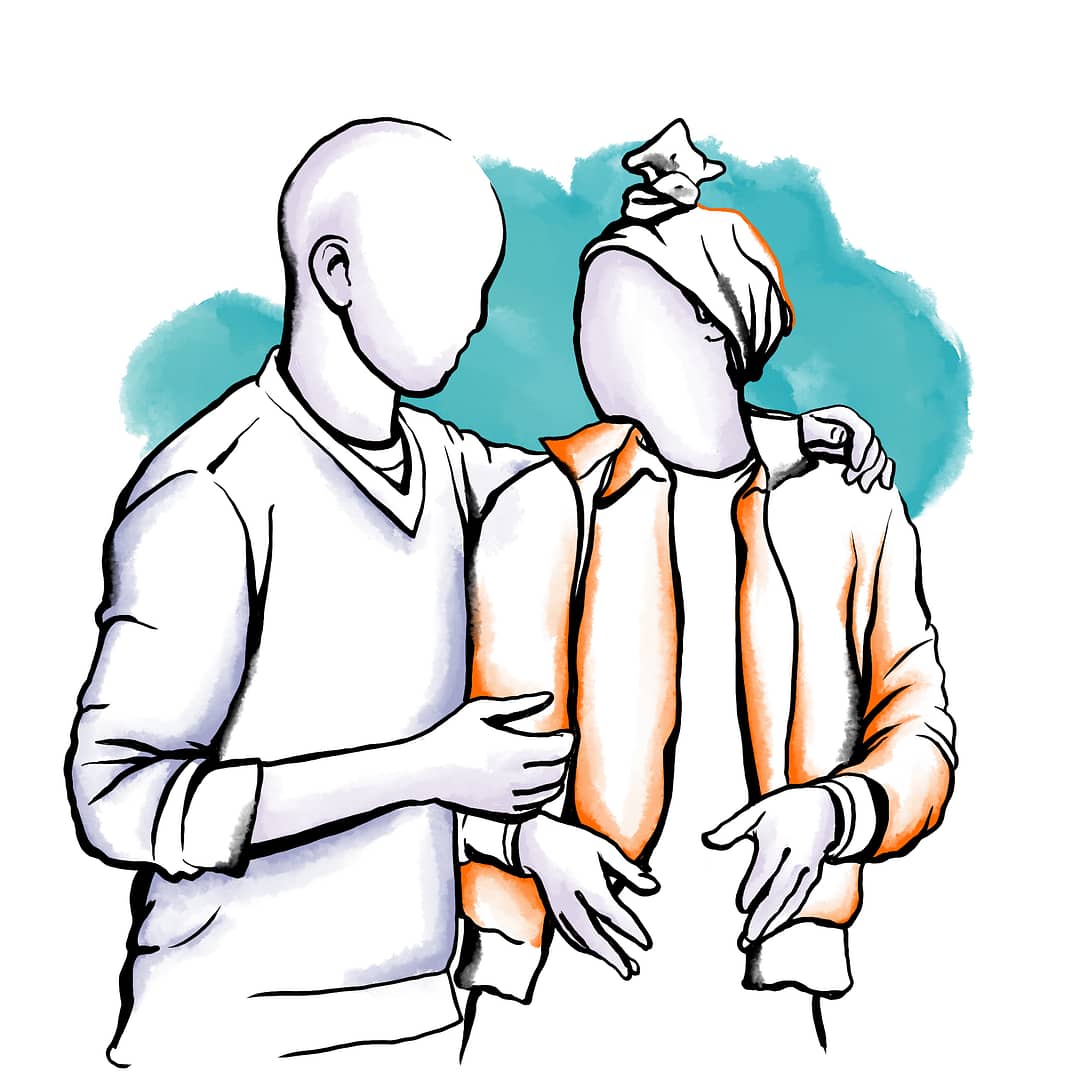An Illustration Of A Couple With The Husband's Hand Around His Wife's Shoulder And Both Are Talking To Each Other.