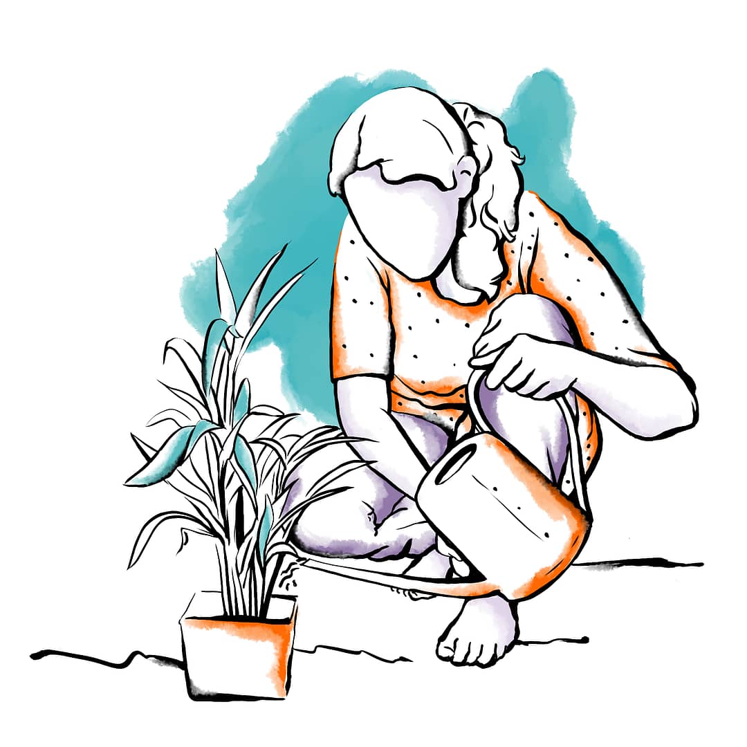 Woman Bending And Watering Plant