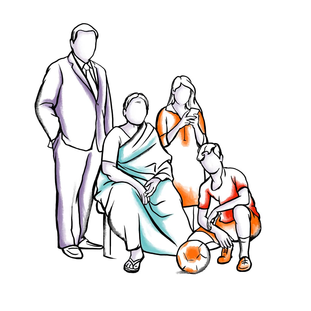 Illustration Of Indian Family, A Man, Women, Girl On A Phone, And Boy With A Football.