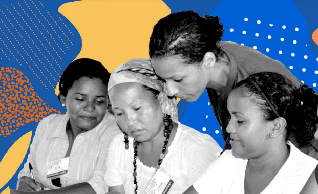 Four women on the cover page of the UN Women community mobilisation publication