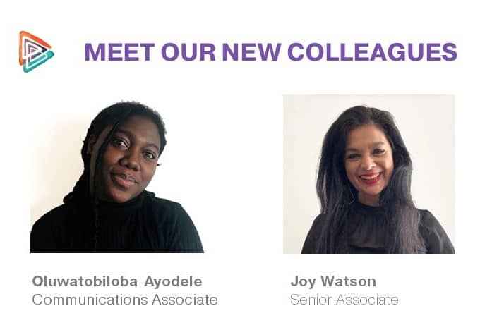 A meet our colleagues card with portraits of Oluwatobiloba Ayodele and Joy Watson.