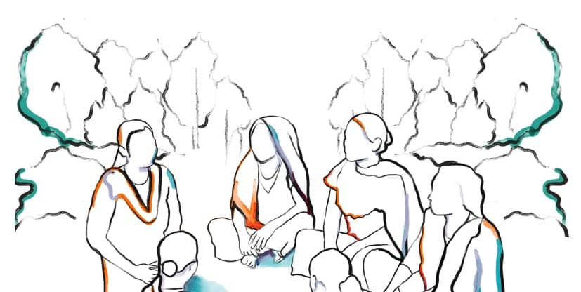 Illustration of South Asian women sitting in circle surrounded by trees