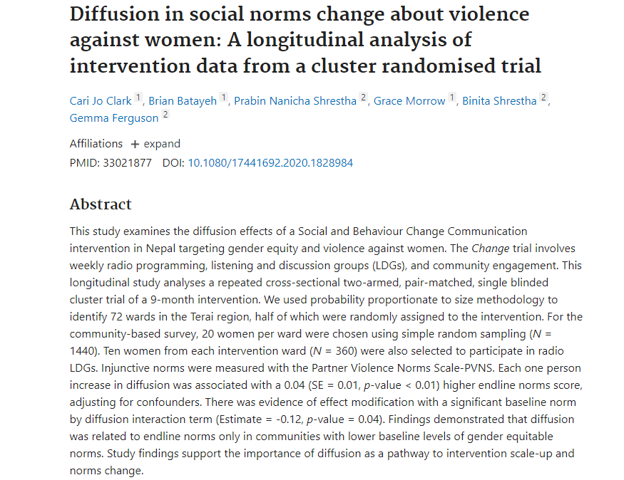 Diffusion in social norms change about violence against women: a longitudinal analysis of intervention data from a cluster randomised trial