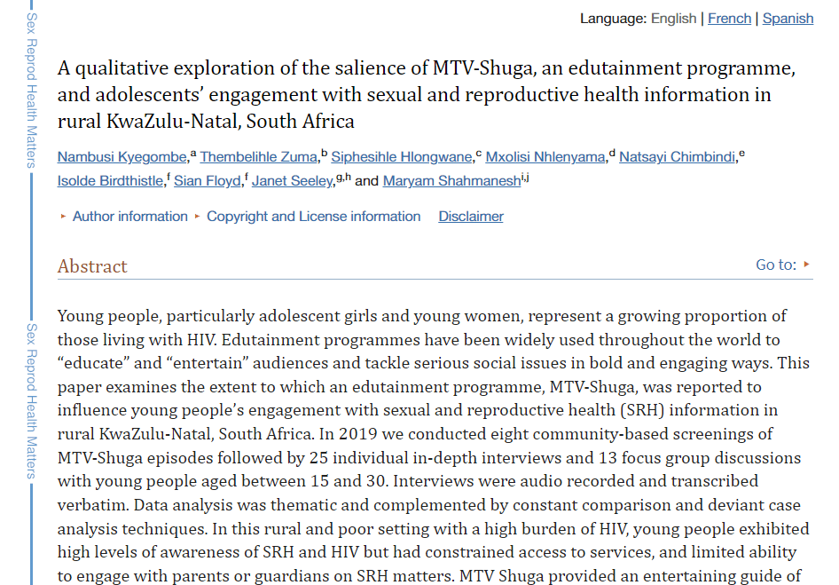 A qualitative exploration of the salience of MTV Shuga, an edutainment programme, and adolescents' engagement with sexual and reproductive health information in rural KwaZulu-Natal, South Africa