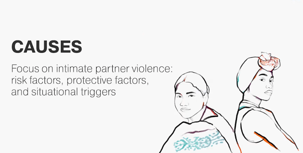 Two women looking determined with the text: Focus on intimate partner violence: risk factors, protective factors, and situational triggers.