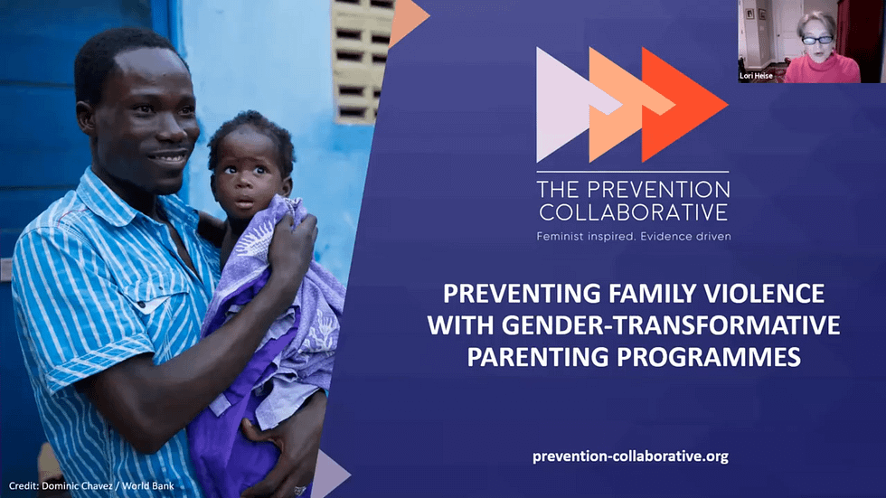 A black father carries his daughter with the text: Preventing family violence with gender-transformative parenting programmes.