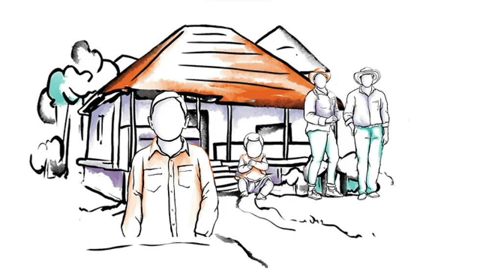 Illustration of a family standing outside their house