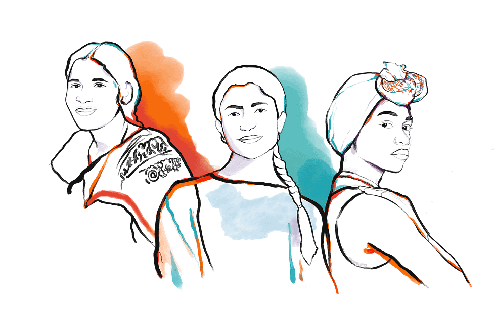 Illustration of three women with diverse clothes and hair, representing different cultures