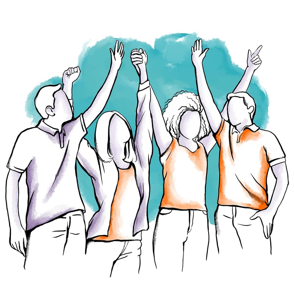 Two women and two men are standing and raising their hands in unison.