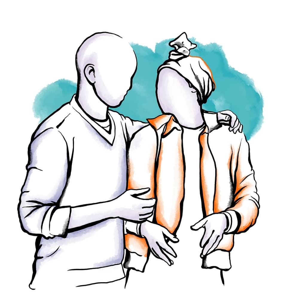 An illustration of a couple with the husband's hand around his wife's shoulder and both are talking to each other.